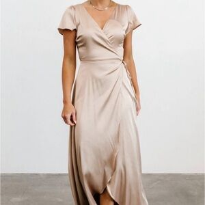 Baltic Born Krystal Satin Wrap Gown in Champagne